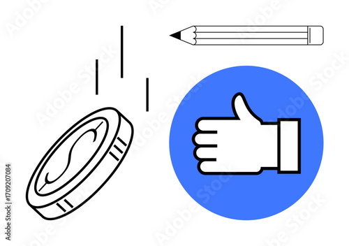 Coin falling with motion lines, pencil for writing or creativity, thumbs-up icon for approval on blue circle. Ideal for business, education, creativity, success, finance, decision-making simple