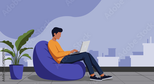 Relaxed person working remotely on a laptop in a hammock under palm trees by the water, embodying digital nomad lifestyle and tropical escape.