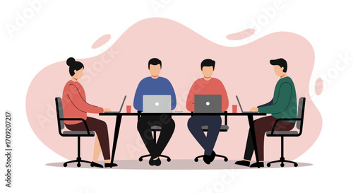 Four diverse professionals are diligently collaborating on laptops around a modern office table, fostering teamwork and productivity in a contemporary workspace.