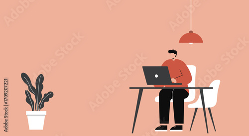 Man focused on remote work, using a laptop at his desk in a modern home office setting. Ideal for business, technology, and lifestyle concepts.