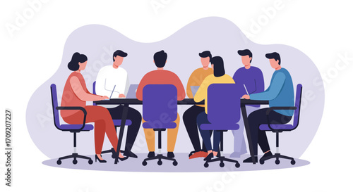 Diverse team of professionals collaborating around a boardroom table, engaging in a business meeting. Concept of teamwork, strategy, and corporate success.