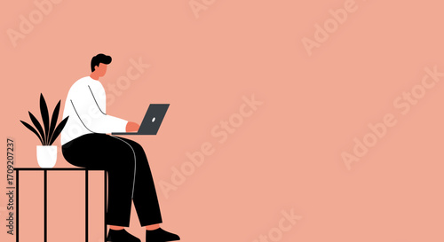 A modern flat design illustration depicts a man casually working on his laptop, seated next to a potted plant against a clean, minimalist background, perfect for digital content.