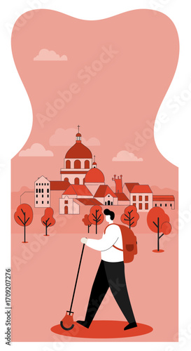 Hiker with backpack and walking pole explores a stylized European town, featuring historical buildings and autumnal trees. Ideal for travel, adventure, and healthy lifestyle concepts.