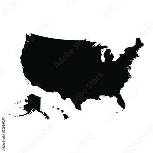 Black silhouette map of the united states including alaska and hawaii