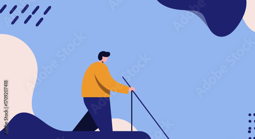 An illustrated man with a white cane navigates an abstract blue environment, symbolizing visual impairment and the challenges of accessibility.