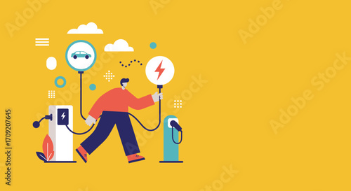 Modern illustration of a person charging an electric car, symbolizing sustainable transport, green energy, and eco-friendly lifestyle. Ideal for technology and environmental concepts.