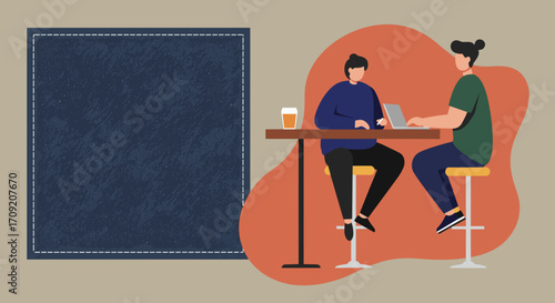 Two men are casually working and socializing at a modern cafe, one using a laptop while the other enjoys a drink, with ample copy space for your message.