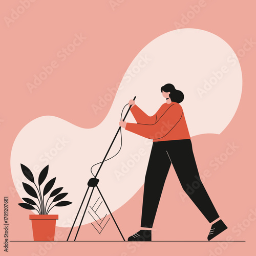 A stylish flat illustration portrays a focused individual holding a microphone on a stand, ready for a podcast, recording, or live performance in a contemporary setting.