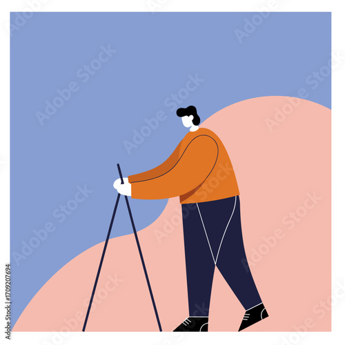 A minimalist illustration depicts a person engaged in outdoor activity, possibly Nordic walking or hiking, utilizing poles against a modern, abstract two-tone background.