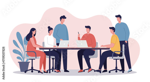 Diverse team collaborating in a modern office, engaged in a business meeting or startup project. Ideal for teamwork, innovation, and professional development.