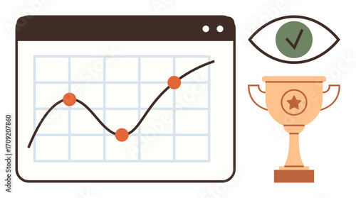 Line graph with progress trend dots on a digital screen, trophy symbolizing achievement, and eye with checkmark indicating review or approval. Ideal for success, data analysis, growth, strategy