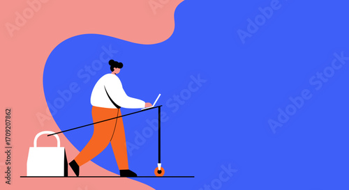 A person pushes a laptop cart forward, dragging a heavy padlock, symbolizing the constant challenge of balancing digital productivity with crucial security burdens.