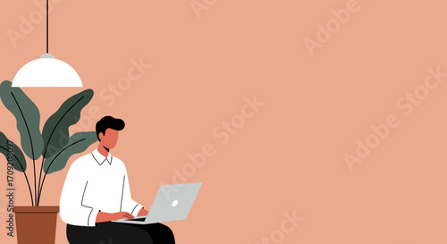 Casual man working on a laptop from a comfortable home environment. Illustrates remote work, flexible lifestyle, and digital connectivity.