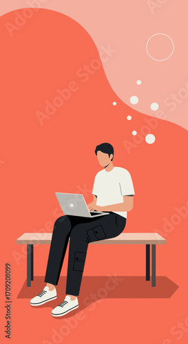 Flat design illustration of a person on the move, carrying a laptop, backpack, and briefcase, depicting modern work, education, and mobile lifestyle.