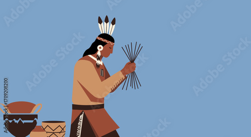 An Indigenous individual, adorned in traditional feathered regalia, meticulously bundles natural reeds beside handcrafted earthen vessels.