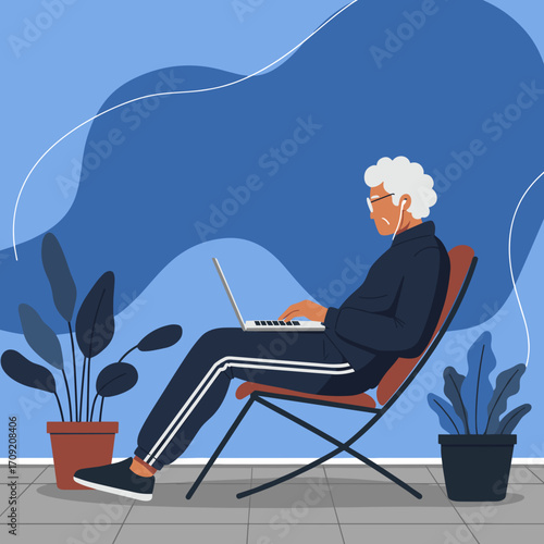 Mature woman focused on remote work, studying, or browsing on her laptop in a modern, plant-filled setting. Represents productivity and digital lifestyle.
