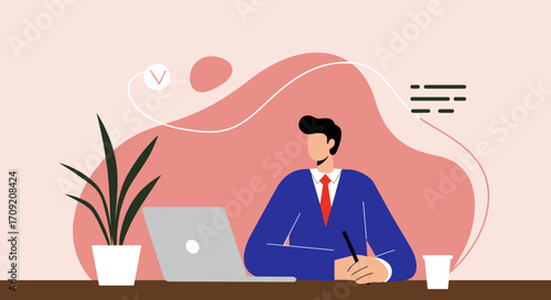 A stylishly illustrated businessman diligently works on his laptop and takes notes at a modern desk, embodying productivity and remote professional success.