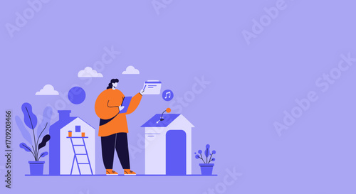 Focused Black woman using a laptop, generating ideas or working remotely in a modern, abstract setting. Represents innovation, productivity, and digital lifestyle.