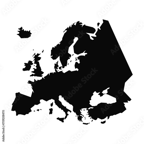 Silhouette map of the continent of europe in solid black on a white background