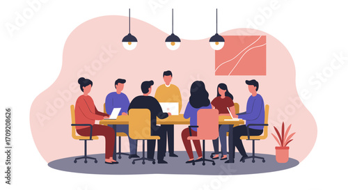 A diverse team of professionals collaborates during an important business meeting in a modern office environment, fostering innovation and strategic planning.