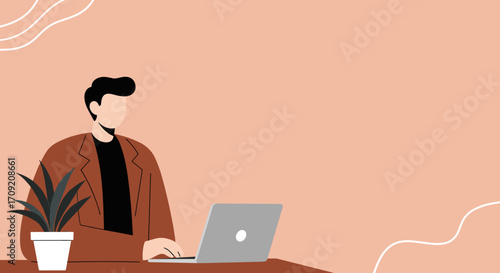 A contemporary flat illustration showcases a focused professional diligently working on a laptop at a minimalist desk, symbolizing productivity and digital efficiency.
