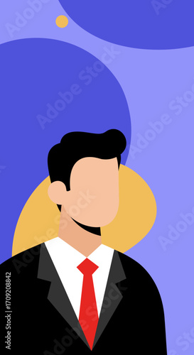 Professional man in a black suit and red tie, rendered faceless against a vibrant abstract background. Ideal for modern business, corporate, and career concepts.