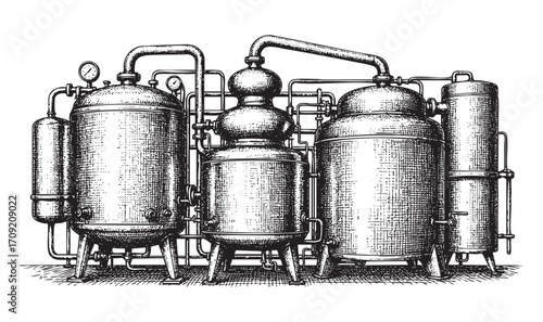 Set of Copper Distilling Stills on White