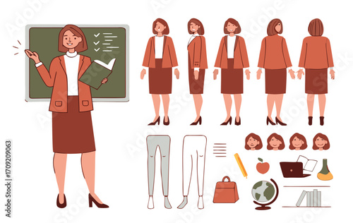 Female teacher near school board. Character constructor for animation. Front, side and back view set. Body parts, postures, poses collection. Vector illustration.