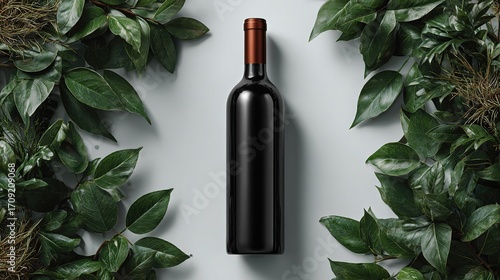 Dark wine bottle with reddish - brown cap surrounded by green leaves on light gray background, natural and elegant.