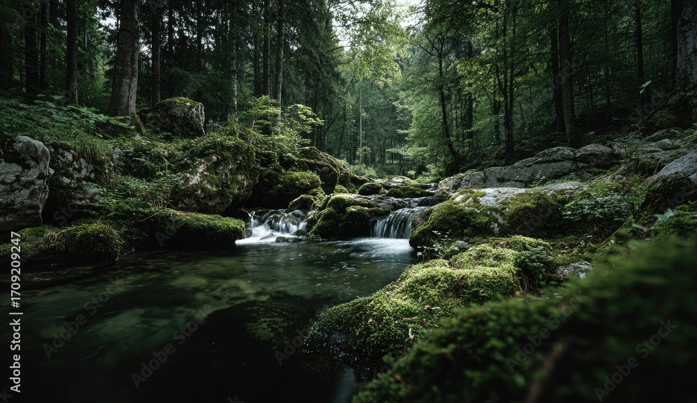 Obraz premium Forest stream, moss-covered rocks
