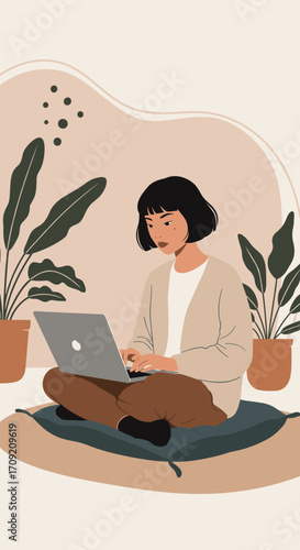 Focused man using laptop on bench against a modern coral background, symbolizing remote work, creativity, and digital lifestyle for business or education.