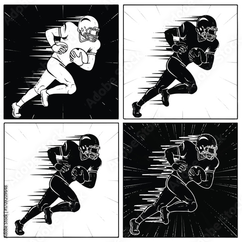 Four panels of a football player running with the ball, in black and white, with speed lines.