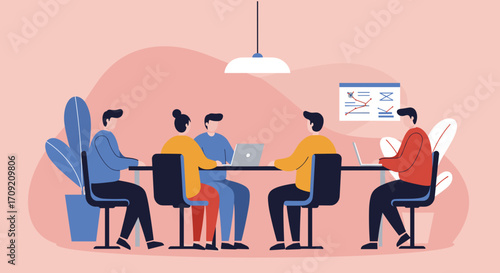 A diverse team of professionals collaborates in a modern office meeting room, analyzing data and discussing strategic business plans for future growth.