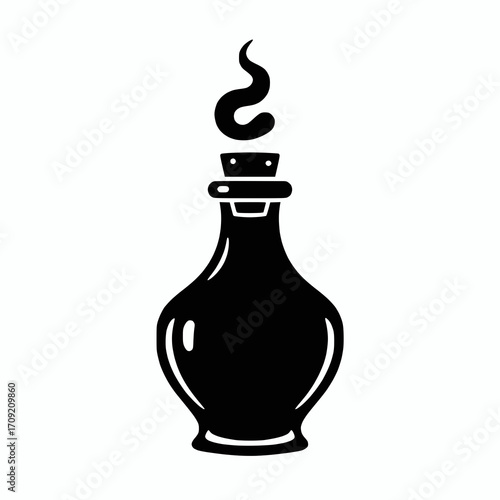 solid black vector silhouette of a potion bottle with smoke spiraling upwards, halloween theme, white background