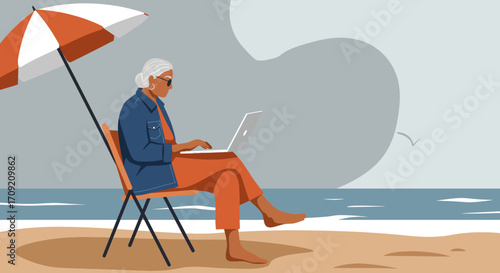 Mature woman working remotely on her laptop at a peaceful beach under an umbrella, embodying modern retirement, freedom, and digital nomad lifestyle.