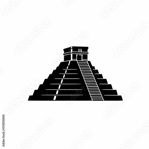 solid black vector silhouette of a maya temple with steps leading up, minimal vector, white background