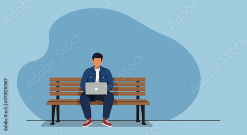 Man working remotely on a laptop from a comfortable balcony overlooking a city skyline. Modern lifestyle, flexible work, and urban living concept.