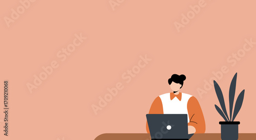 Minimalist illustration of a person productively working on a laptop at a desk with a plant. Ideal for remote work, business, or online learning concepts.