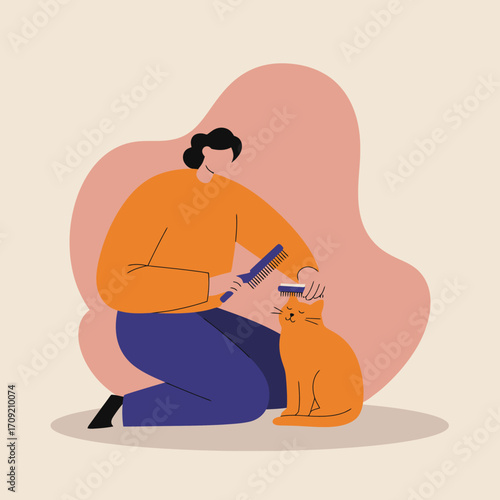 A person gently brushes their happy orange cat, showing affectionate pet care and bonding. Ideal for pet supplies or lifestyle content.