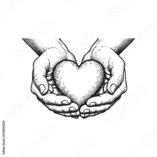 Cupped Hands Holding a Heart Hand-Drawn Sketch