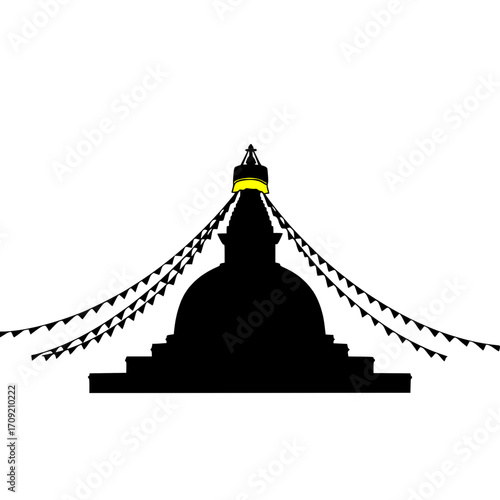 solid black vector silhouette of a buddhist stupa with prayer flags, minimal style, white background