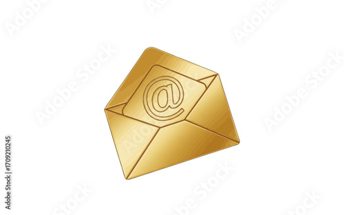 Golden envelope with at symbol on the inside flap against a plain white background in a simple design