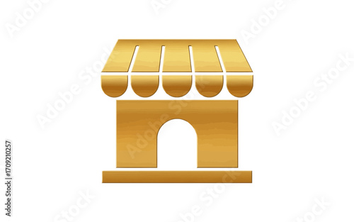 Golden store front icon with awning and arched doorway in a simple and elegant design style element vector