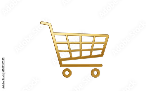 A golden shopping cart with a handle and a basket with a grid pattern and two wheels on a white background