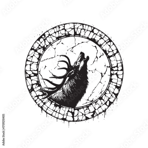 Vector art of black and white illustration of a stag howling at the moon within a circular frame