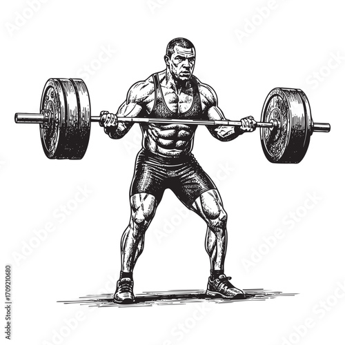 Male Weightlifter with Barbell Hand-Drawn Sketch