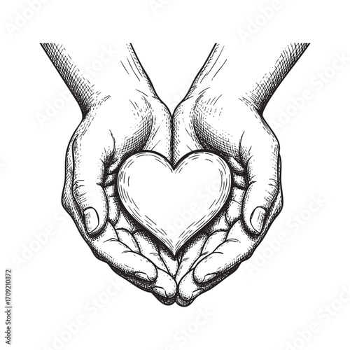 Cupped Hands Holding a Heart Hand-Drawn Sketch