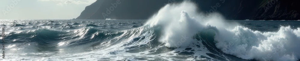 Fototapeta premium Black and white ocean surge; powerful movement, splash, texture, wave