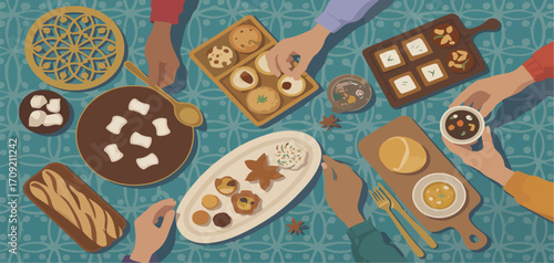 Overhead view of various desserts and hands reaching