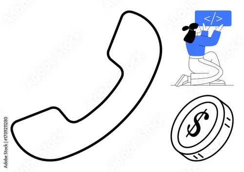 Large phone handset outline, seated person displaying code on a screen, circular coin with dollar sign. Ideal for tech support, customer service, coding tutorials, finance apps, business consulting